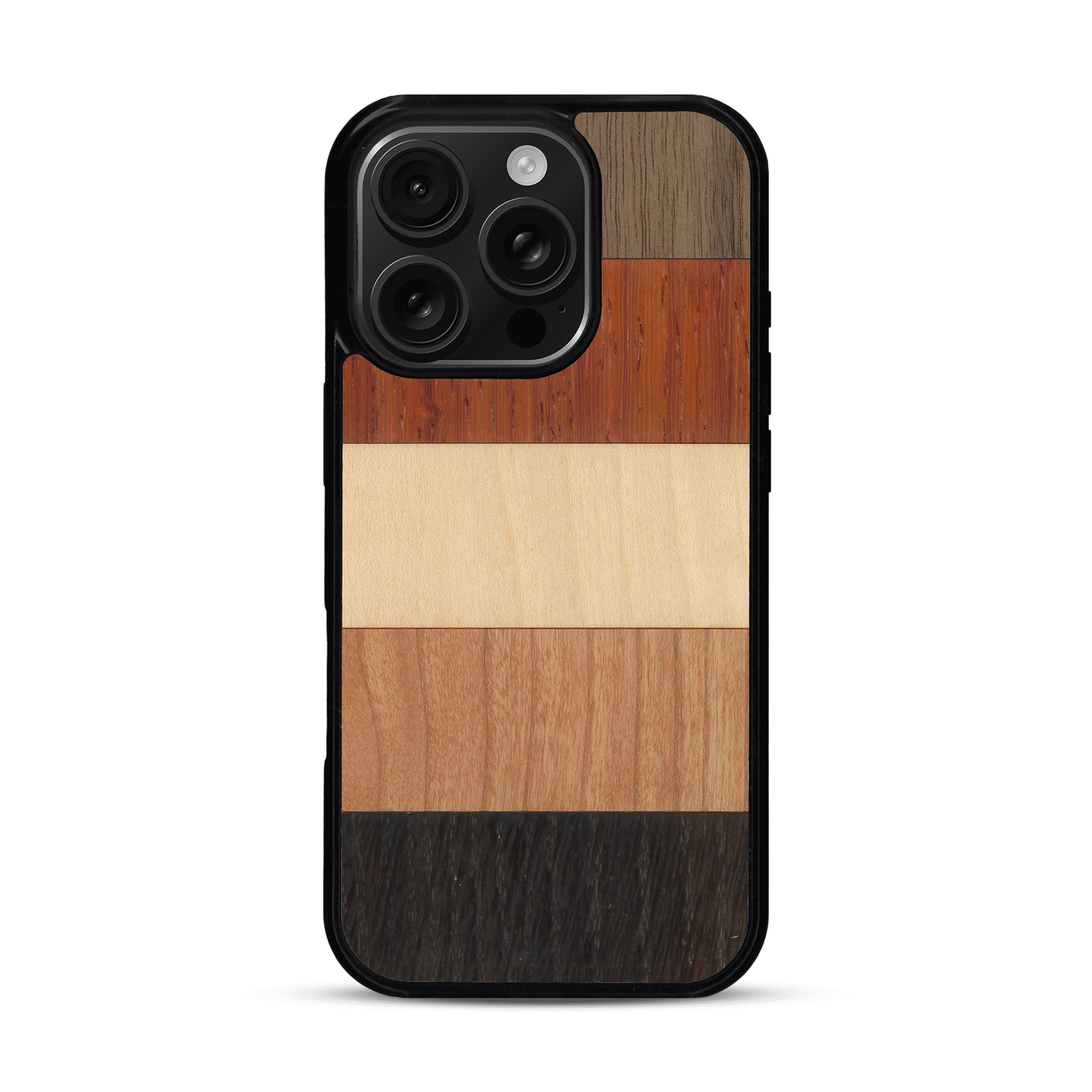 Coque de protection en bois véritable fabriquée en France pour  alliant des bandes horizontales de bambou, merisier, padouk, noyer et chêne fumé
