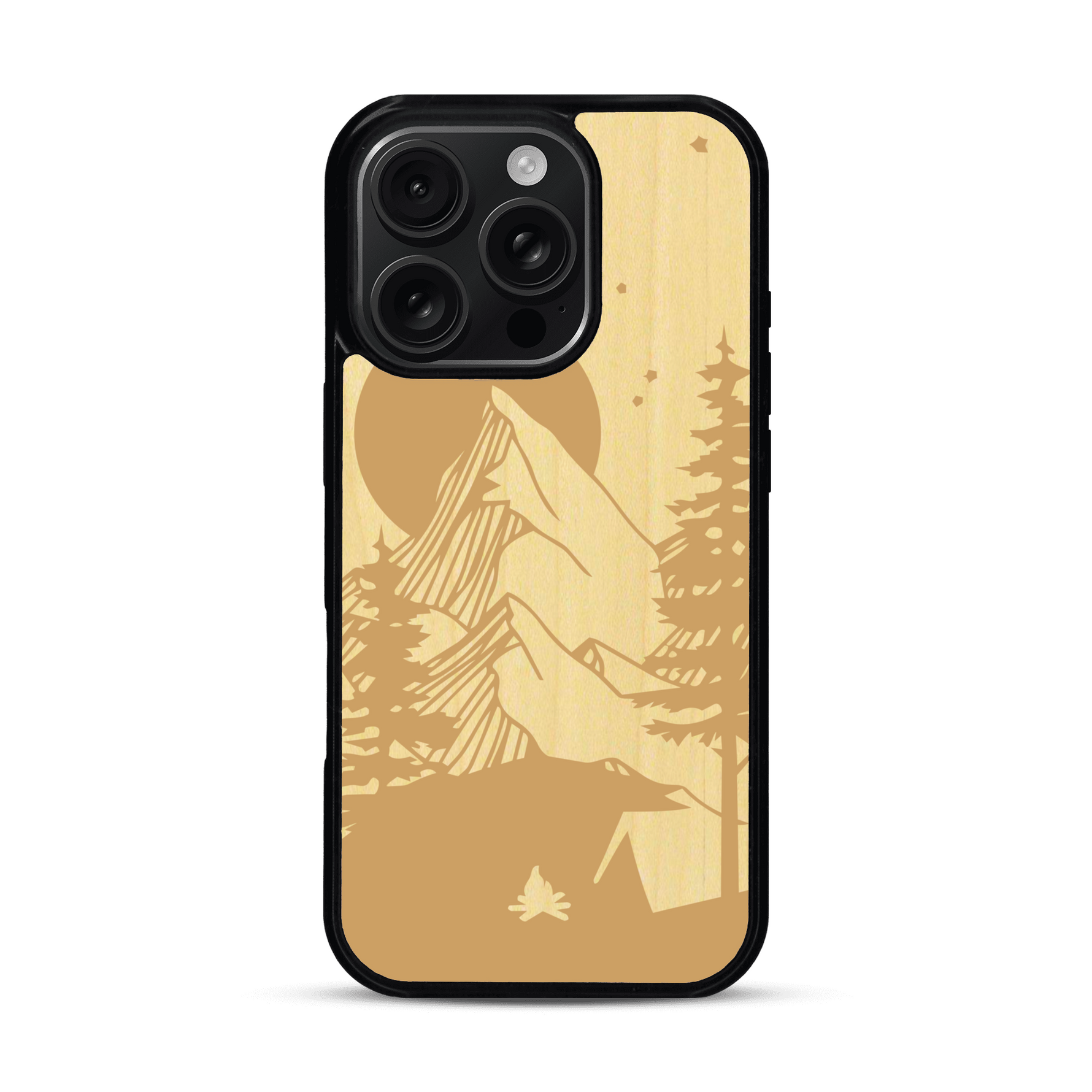 Coque de protection en bois véritable fabriquée en France pour  sur le thème du camping en pleine nature représentant une tente avec un feu de camp entouré de montagnes