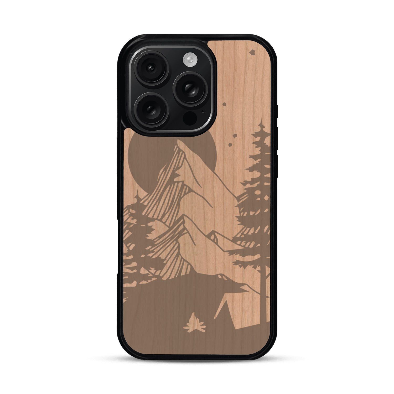 Coque de protection en bois véritable fabriquée en France pour  sur le thème du camping en pleine nature représentant une tente avec un feu de camp entouré de montagnes