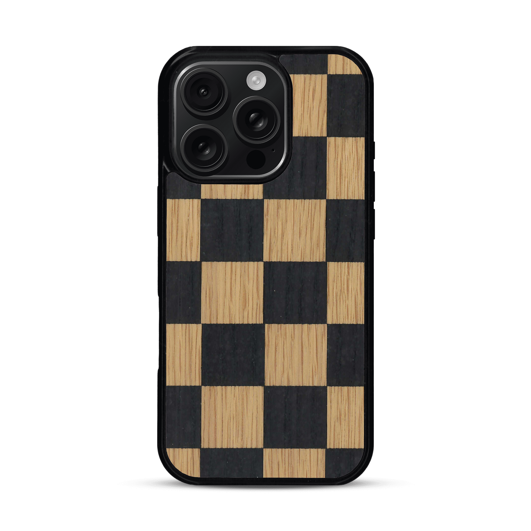 Coque de protection en bois véritable fabriquée en France pour  alliant plusieurs essences de bois pour représenter un damier