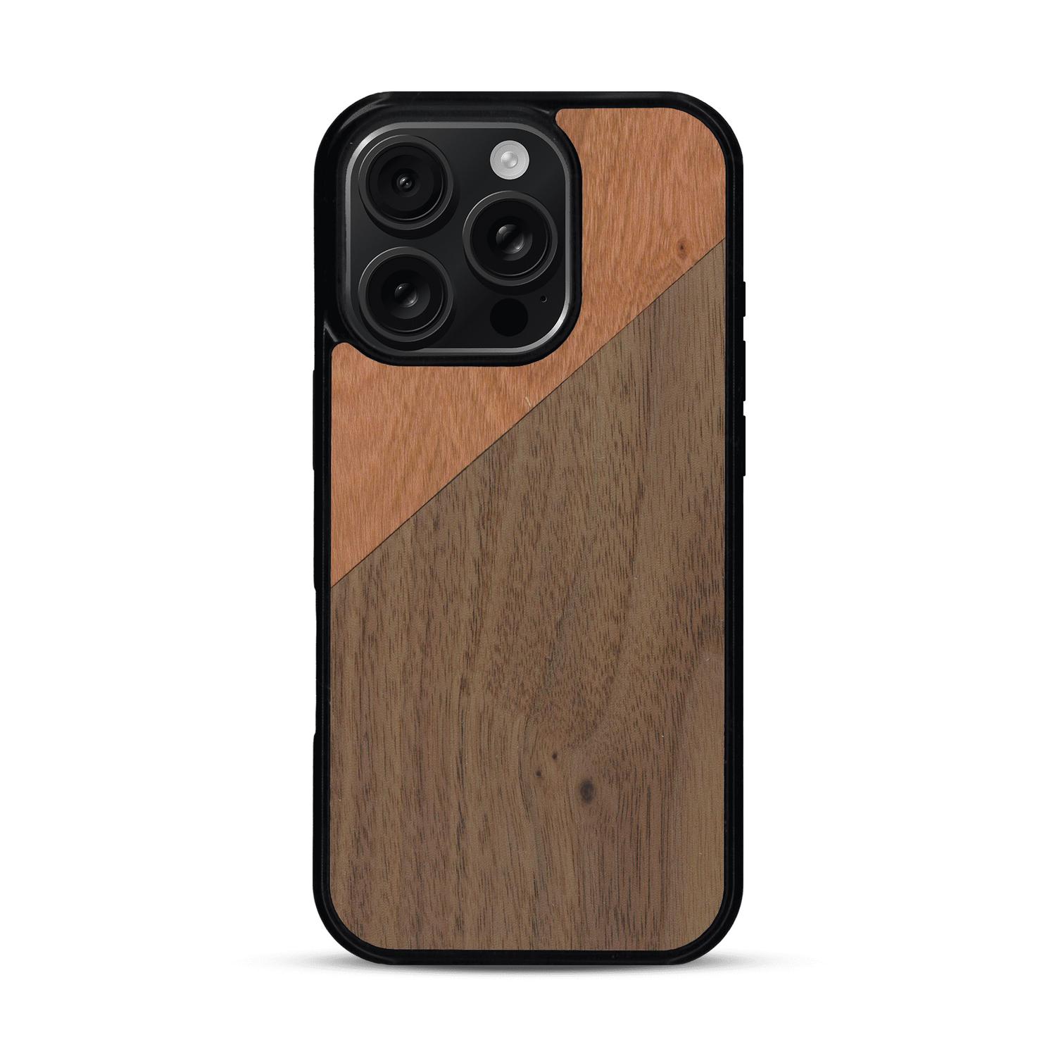 Coque de protection en bois véritable fabriquée en France pour  alliant du merisier et du noyer formant chacun un triangle avec une jointure en diagonale sur le thème de l'art abstrait