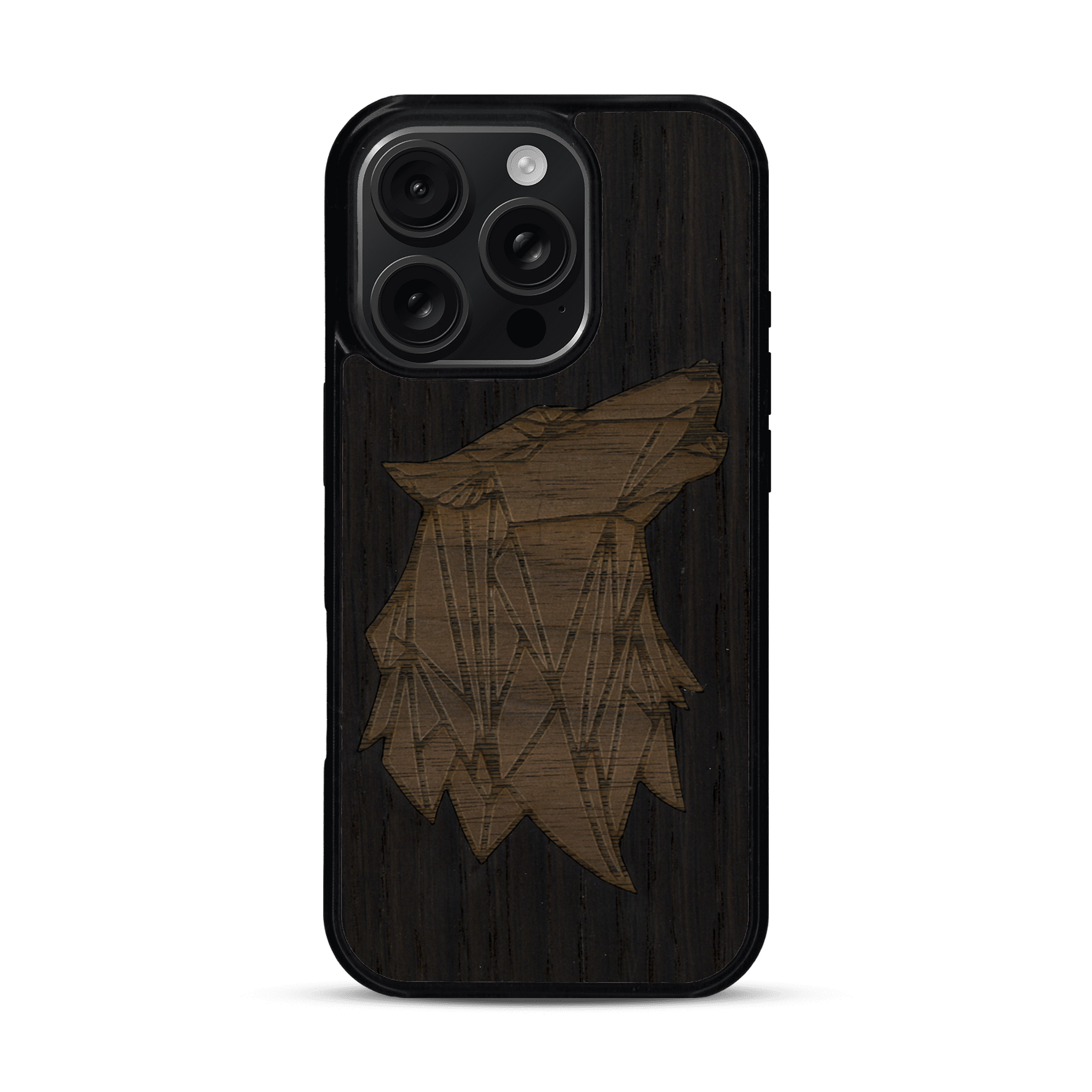 Coque de protection en bois véritable fabriquée en France pour  alliant du chêne fumé et du noyer représentant une tête de loup géométrique de profil sur le thème des animaux et de la nature