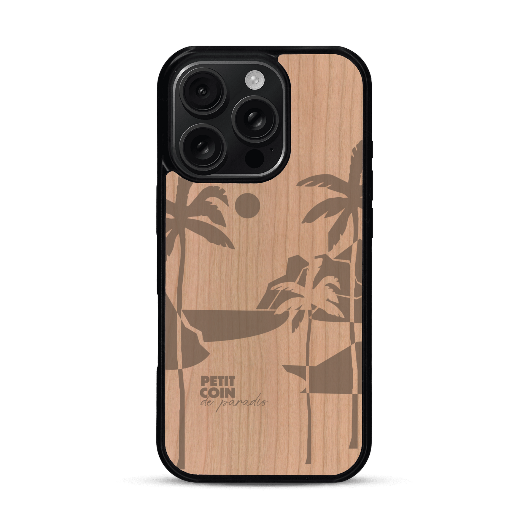 Coque de protection en bois véritable fabriquée en France pour  sur le thème des voyages en vans, vanlife et chill avec une gravure représentant un van vw combi devant le soleil couchant sur une plage avec des vagues