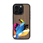 Coque de protection en bois véritable fabriquée en France pour iPhone 16 Pro représentant un toucan coloré avec un design moderne et minimaliste sur le thème de la jungle et de la nature