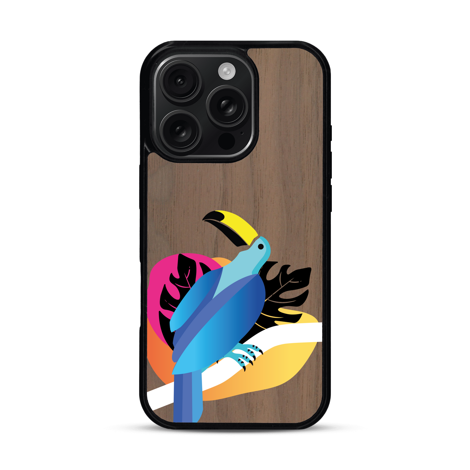 Coque de protection en bois véritable fabriquée en France pour iPhone 16 Pro représentant un toucan coloré avec un design moderne et minimaliste sur le thème de la jungle et de la nature