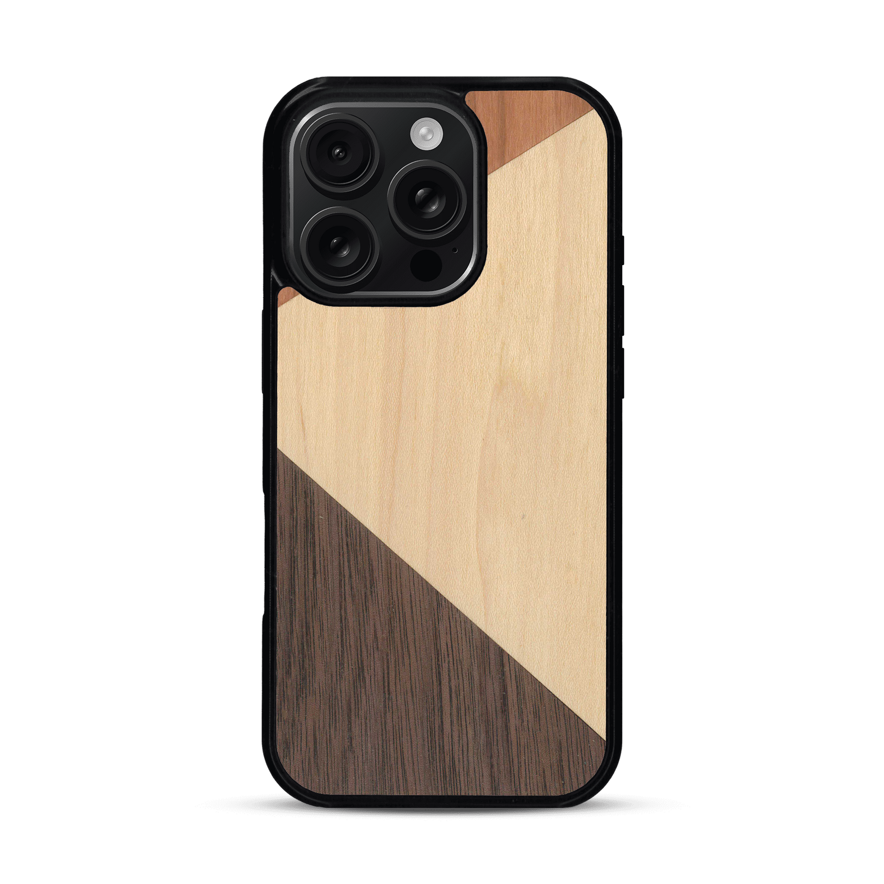 Coque de protection en bois véritable fabriquée en France pour  alliant du merisier, du noyer et du bambou formant chacun deux triangles et un trapèze avec deux jointures en diagonale sur le thème de l'art abstrait