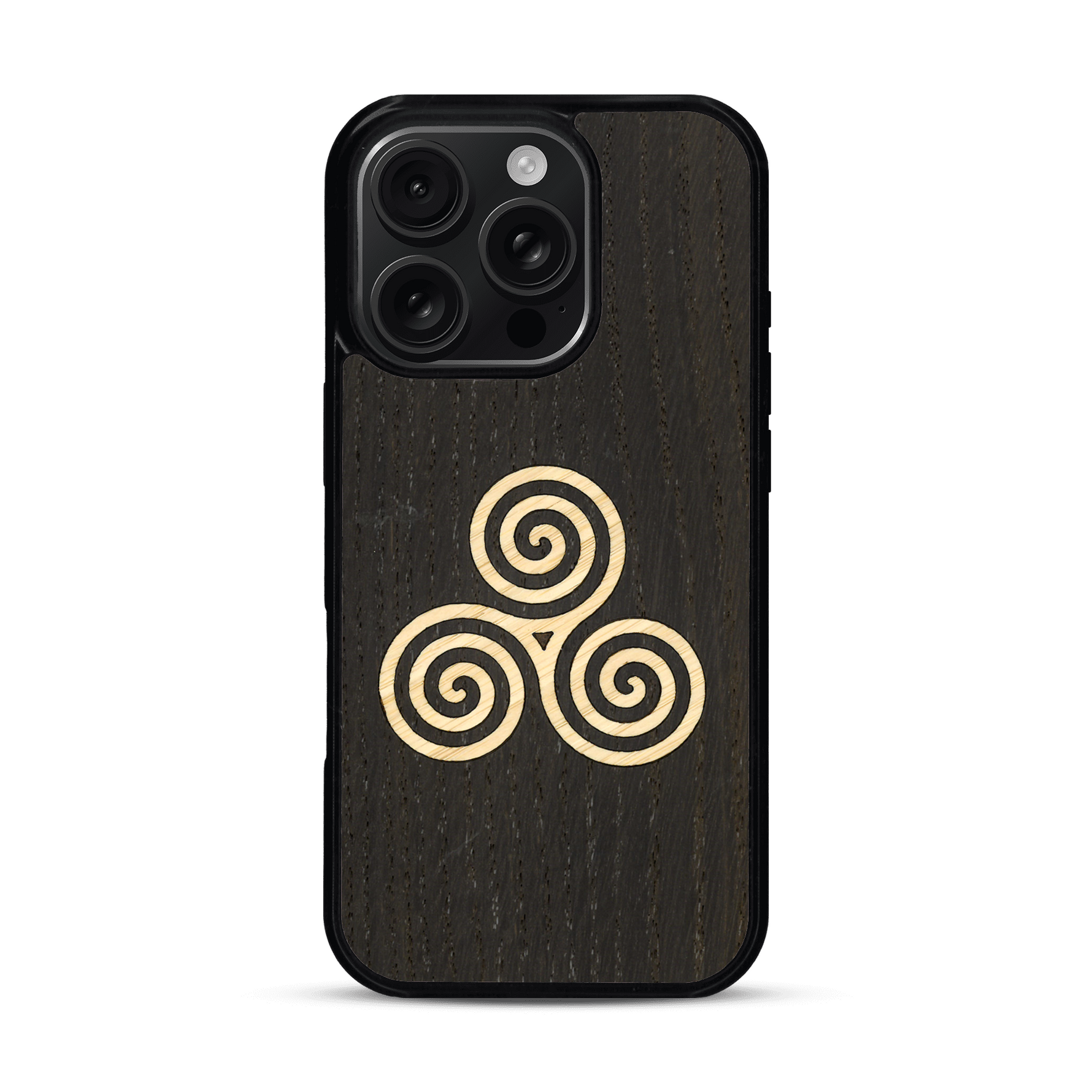 Coque de protection en bois véritable fabriquée en France pour  alliant du chêne fumé et du bambou et doré représentant un triskell