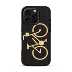 Coque de protection en bois véritable fabriquée en France pour  sur le theme du vélo et de l'outdoor qui allie du bambou et du chêne fumé représentant un vélo