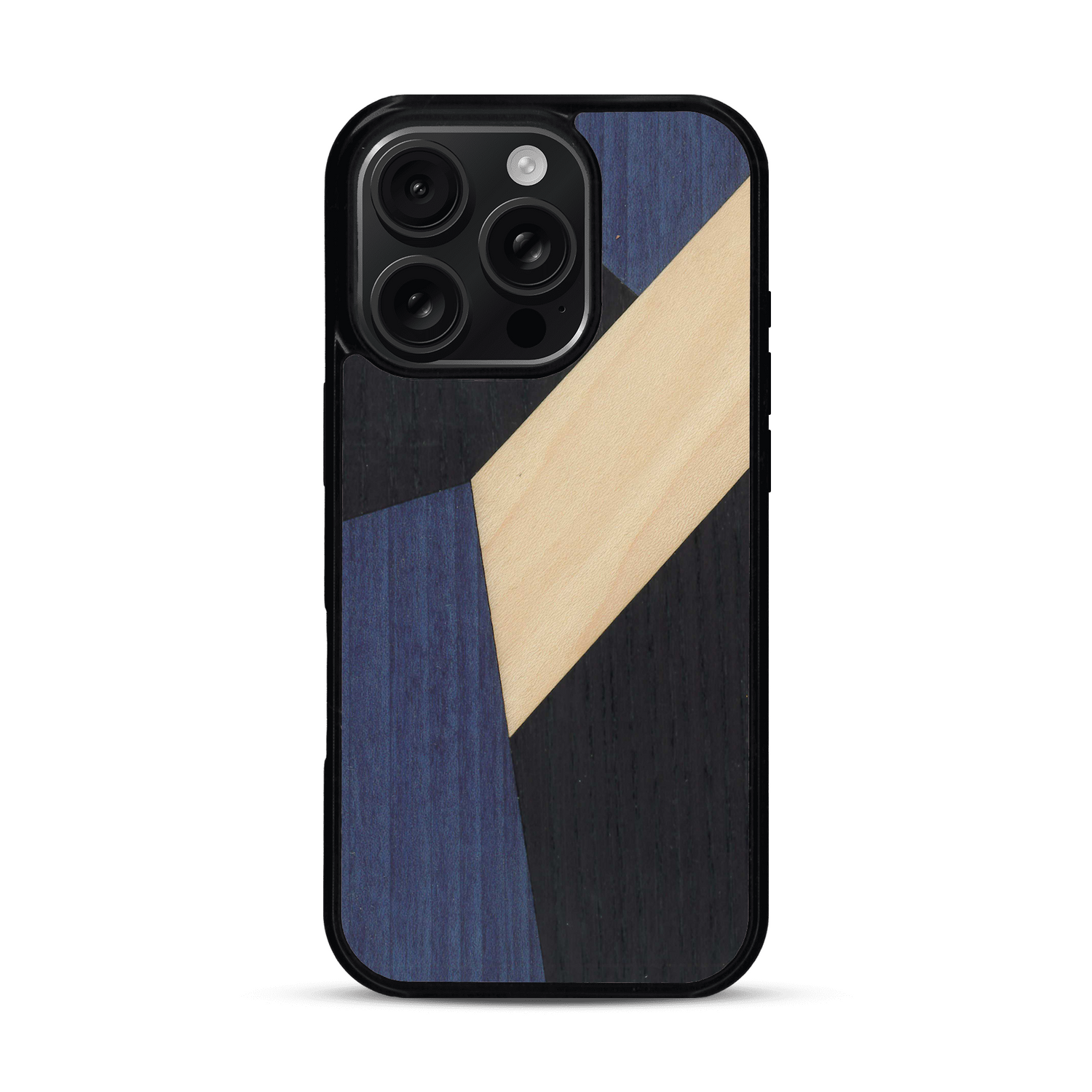 Coque de protection en bois véritable fabriquée en France pour  alliant du bambou, du tulipier bleu et noir en forme de mosaïque minimaliste sur le thème de l'art abstrait