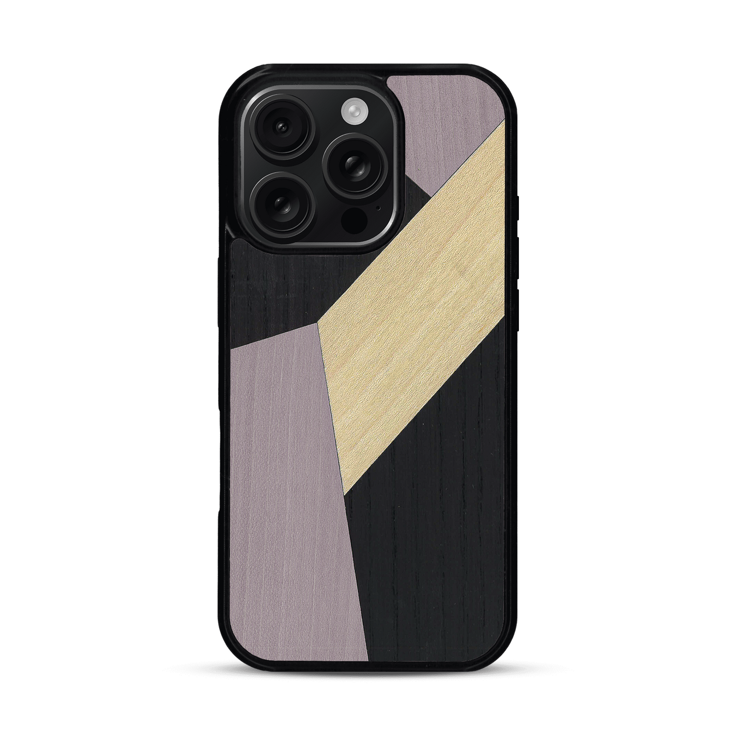 Coque de protection en bois véritable fabriquée en France pour  alliant du bambou, du tulipier mauve et noir en forme de mosaïque minimaliste sur le thème de l'art abstrait