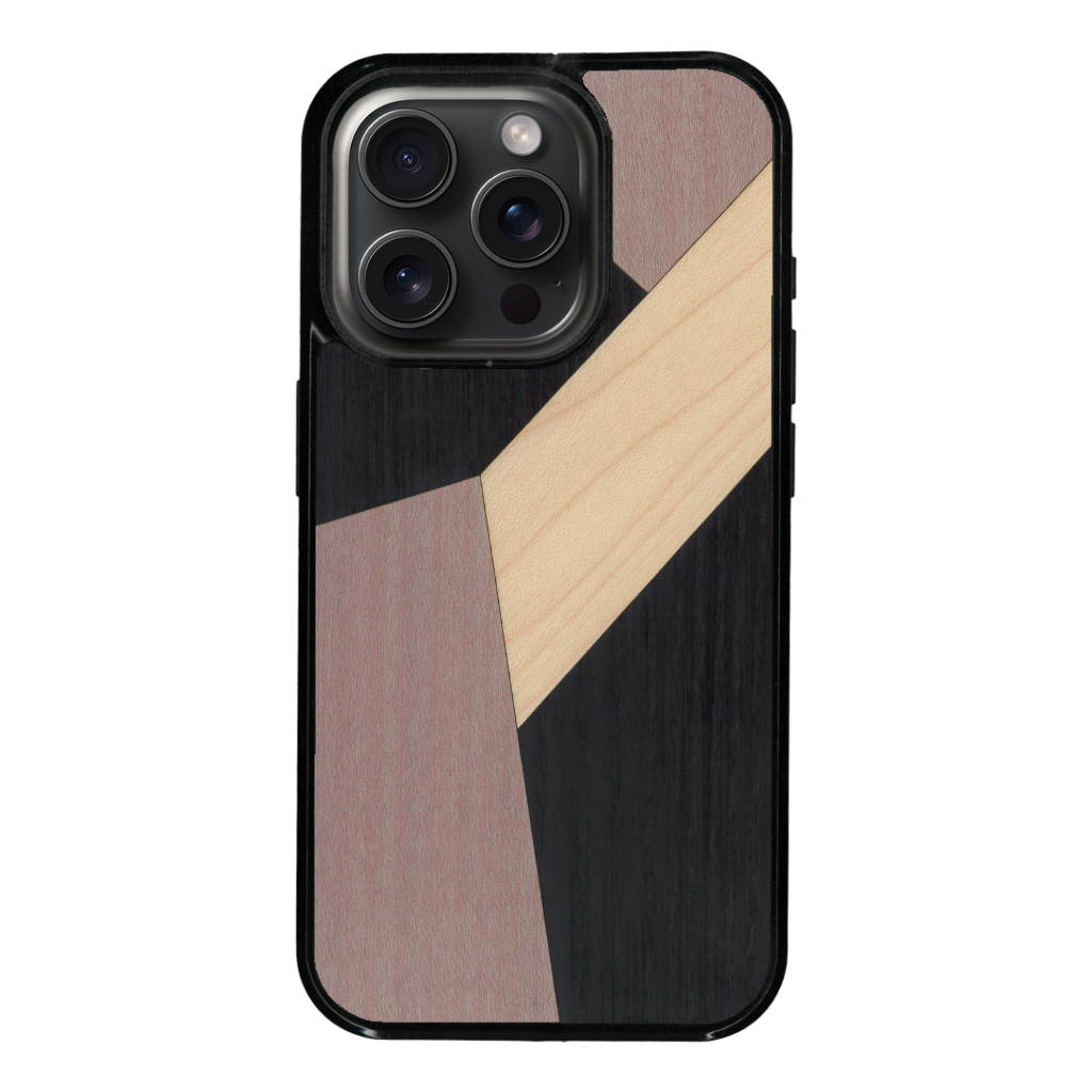 Coque de protection en bois véritable fabriquée en France pour iPhone 16 Pro alliant du bambou, du tulipier mauve et noir en forme de mosaïque minimaliste sur le thème de l'art abstrait