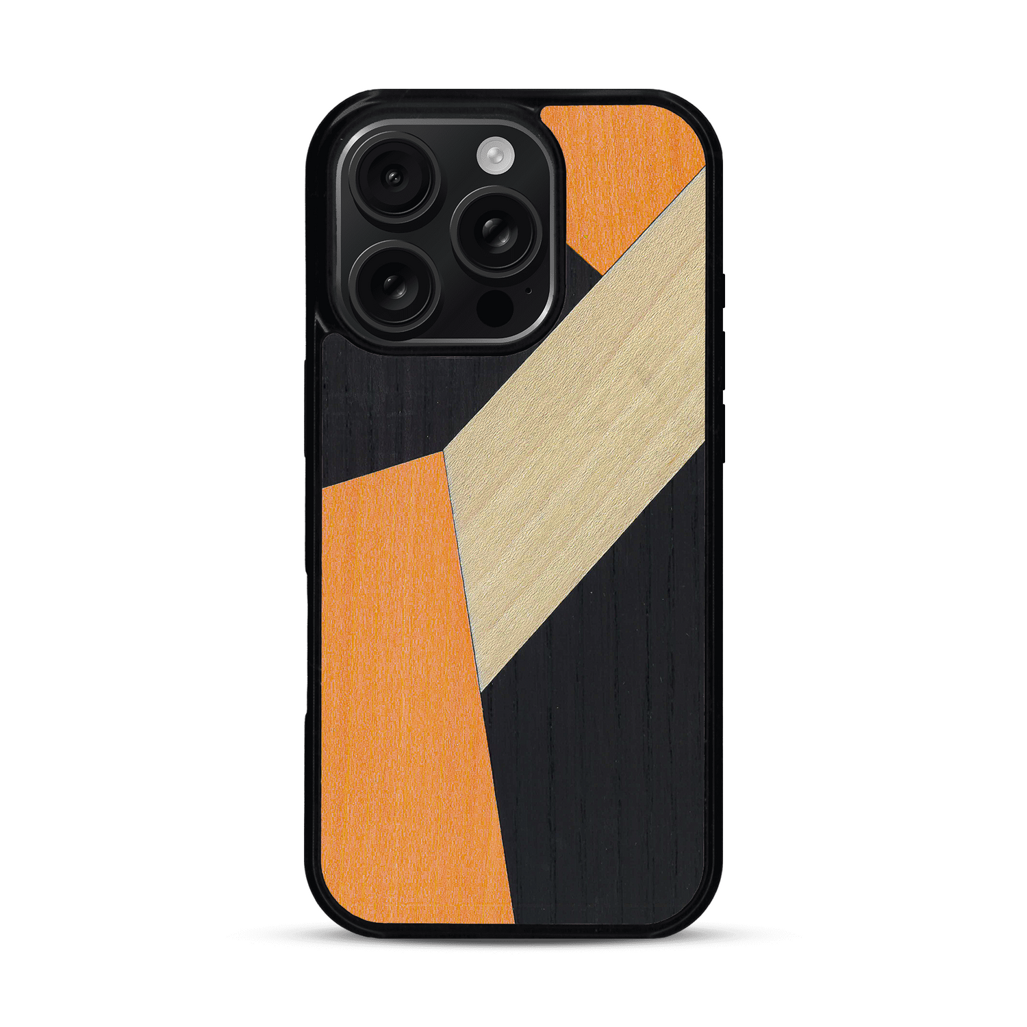 Coque de protection en bois véritable fabriquée en France pour  alliant du bambou, du tulipier orange et noir en forme de mosaïque minimaliste sur le thème de l'art abstrait