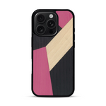 Coque de protection en bois véritable fabriquée en France pour  alliant du bambou, du tulipier rose et noir en forme de mosaïque minimaliste sur le thème de l'art abstrait