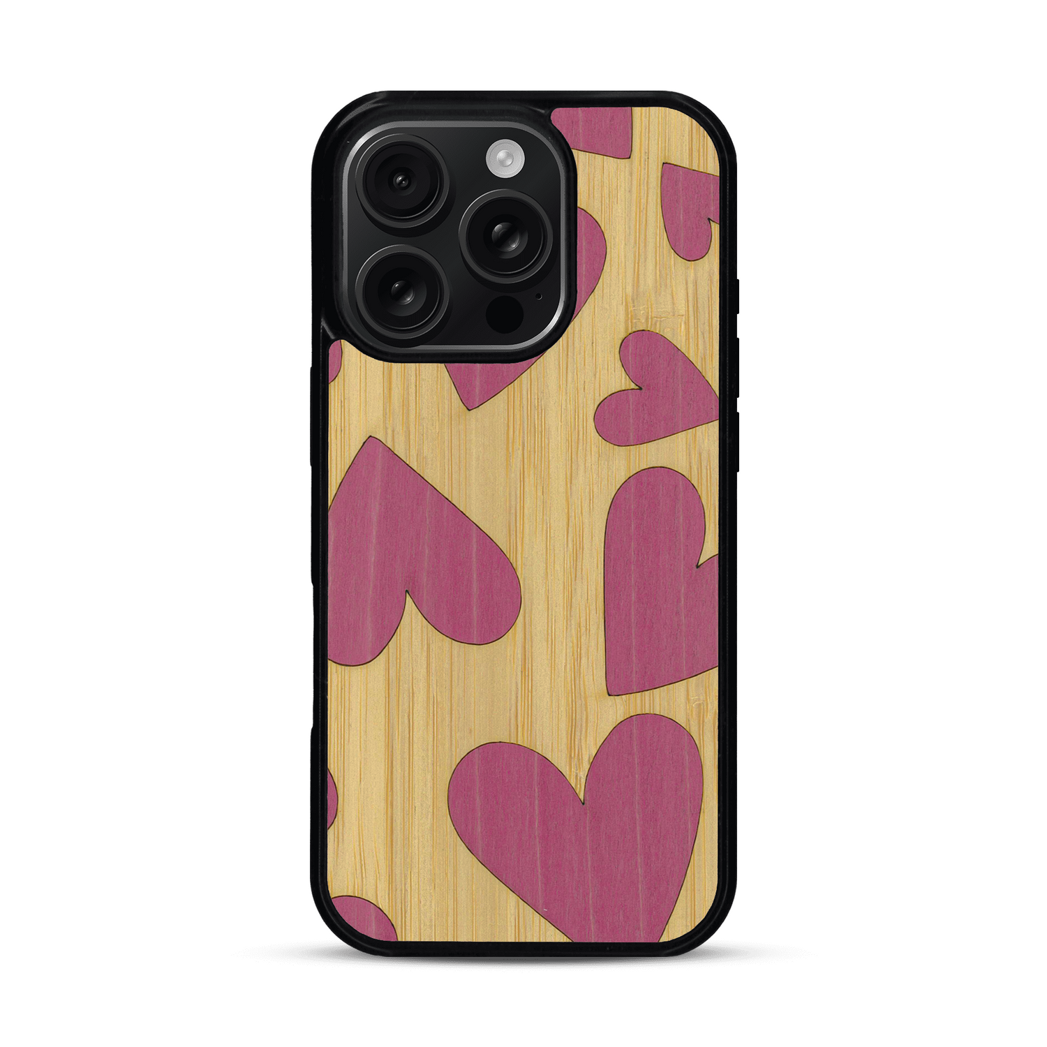 Coque de protection en bois véritable fabriquée en France pour  alliant plusieurs essences de bois pour représenter des coeurs pour les amoureux