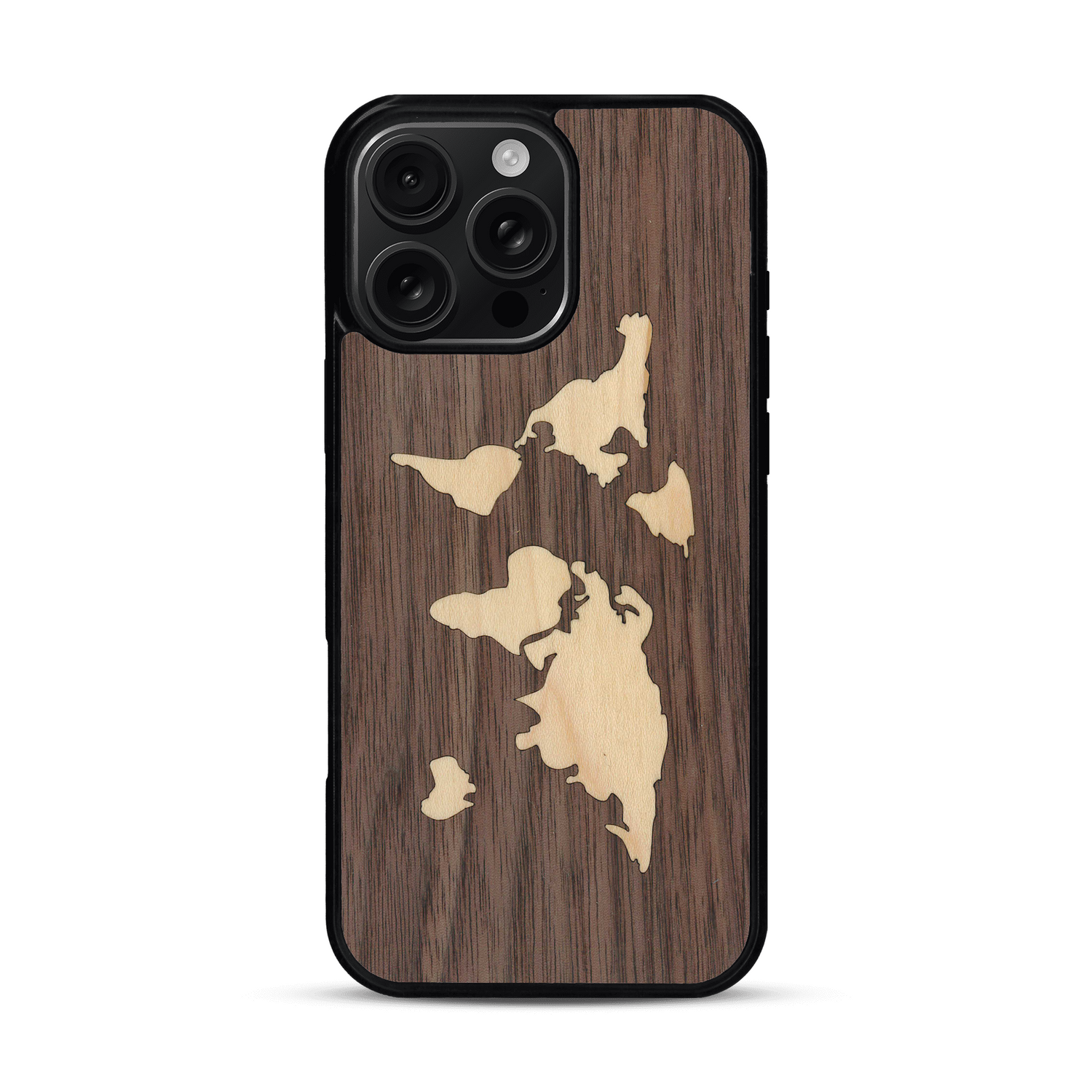 Coque de protection en bois véritable fabriquée en France pour  alliant du bambou et du noyer sur le thème du voyage et de l'aventure représentant une mappemonde