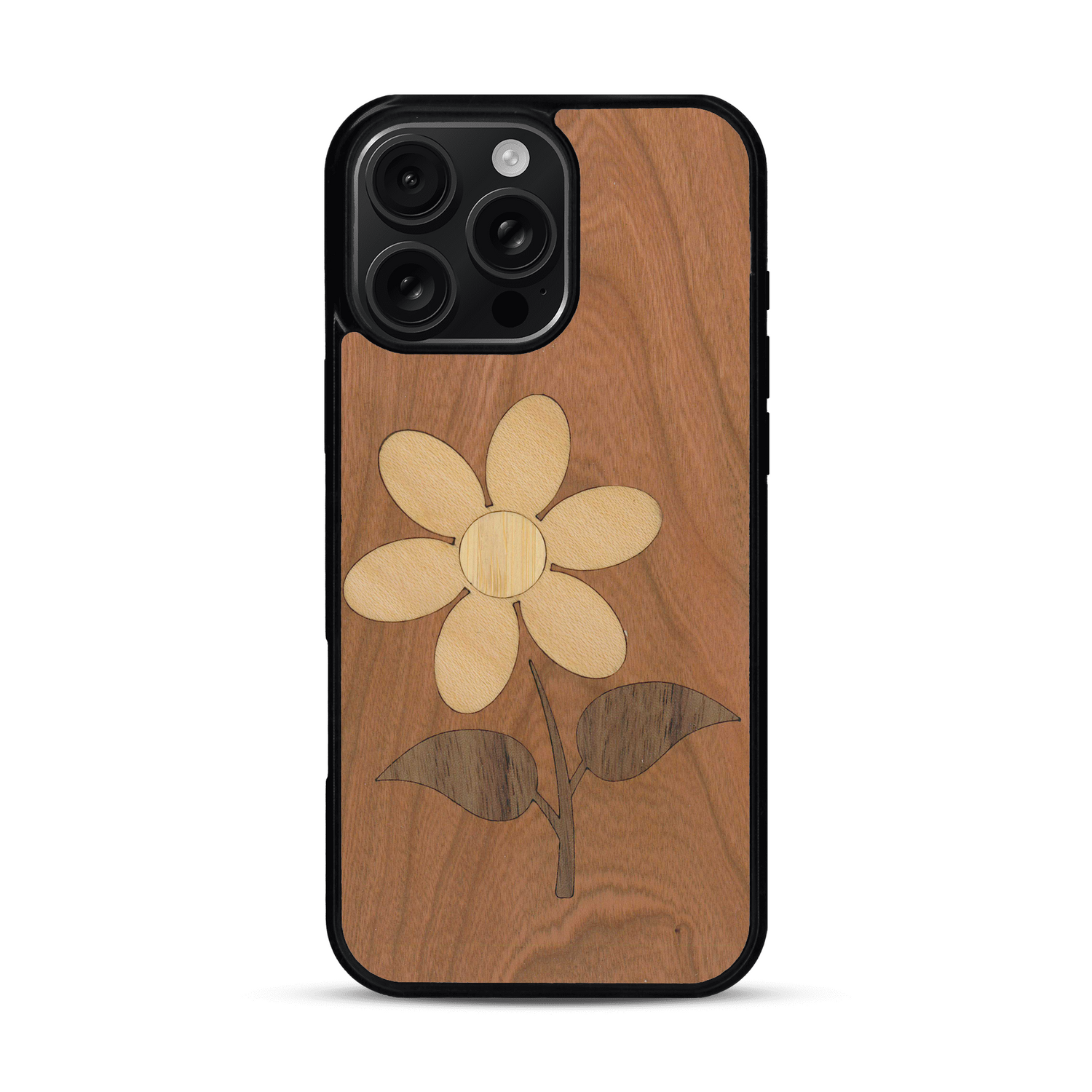 Coque de protection en bois véritable fabriquée en France pour  alliant plusieurs essences de bois pour représenter une marguerite