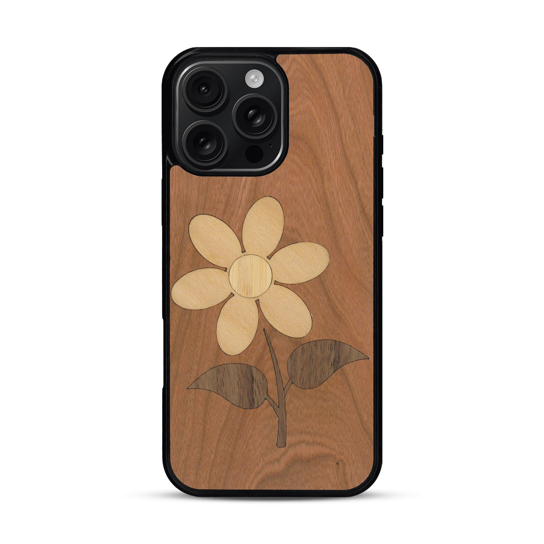 Coque de protection en bois véritable fabriquée en France pour  alliant plusieurs essences de bois pour représenter une marguerite