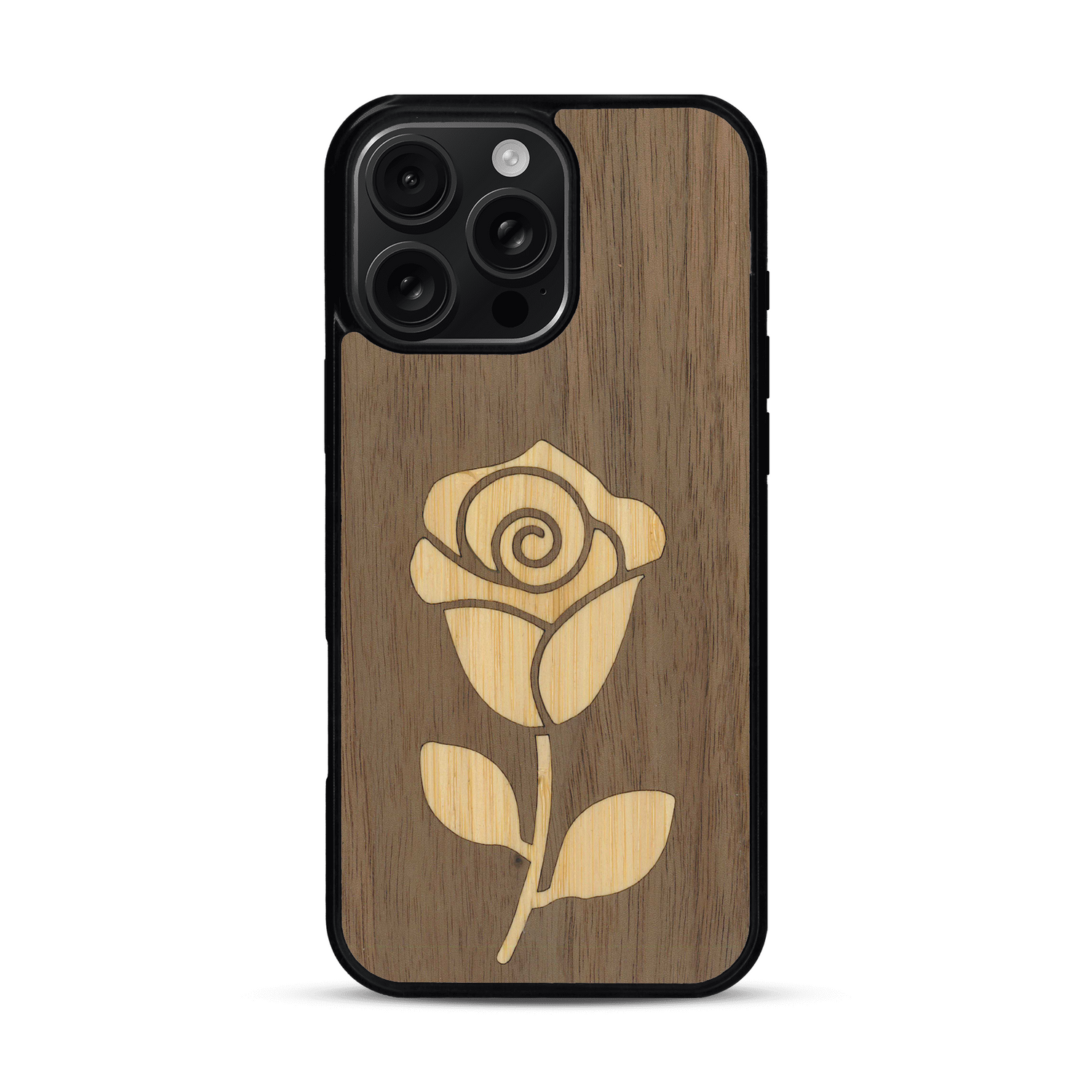 Coque de protection en bois véritable fabriquée en France pour  alliant plusieurs essences de bois pour représenter une rose