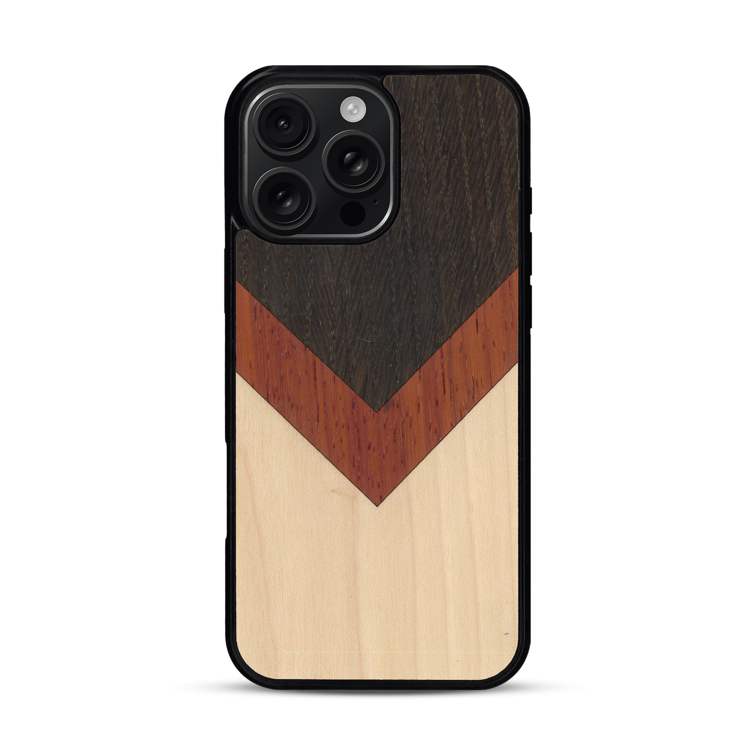 Coque de protection en bois véritable fabriquée en France pour  alliant du chêne fumé, du padouk et du bambou en forme de chevron sur le thème de l'art abstrait