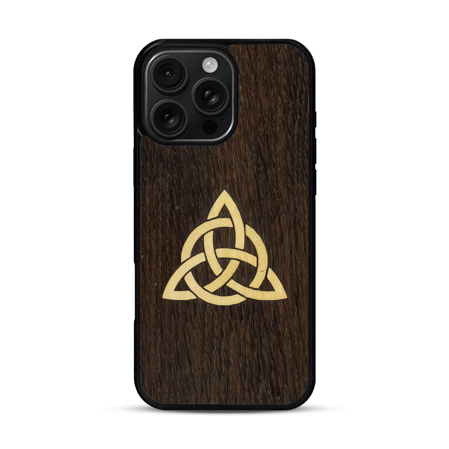 Coque de protection en bois véritable fabriquée en France pour  alliant du chêne fumé et du bambou représentant une triquetra