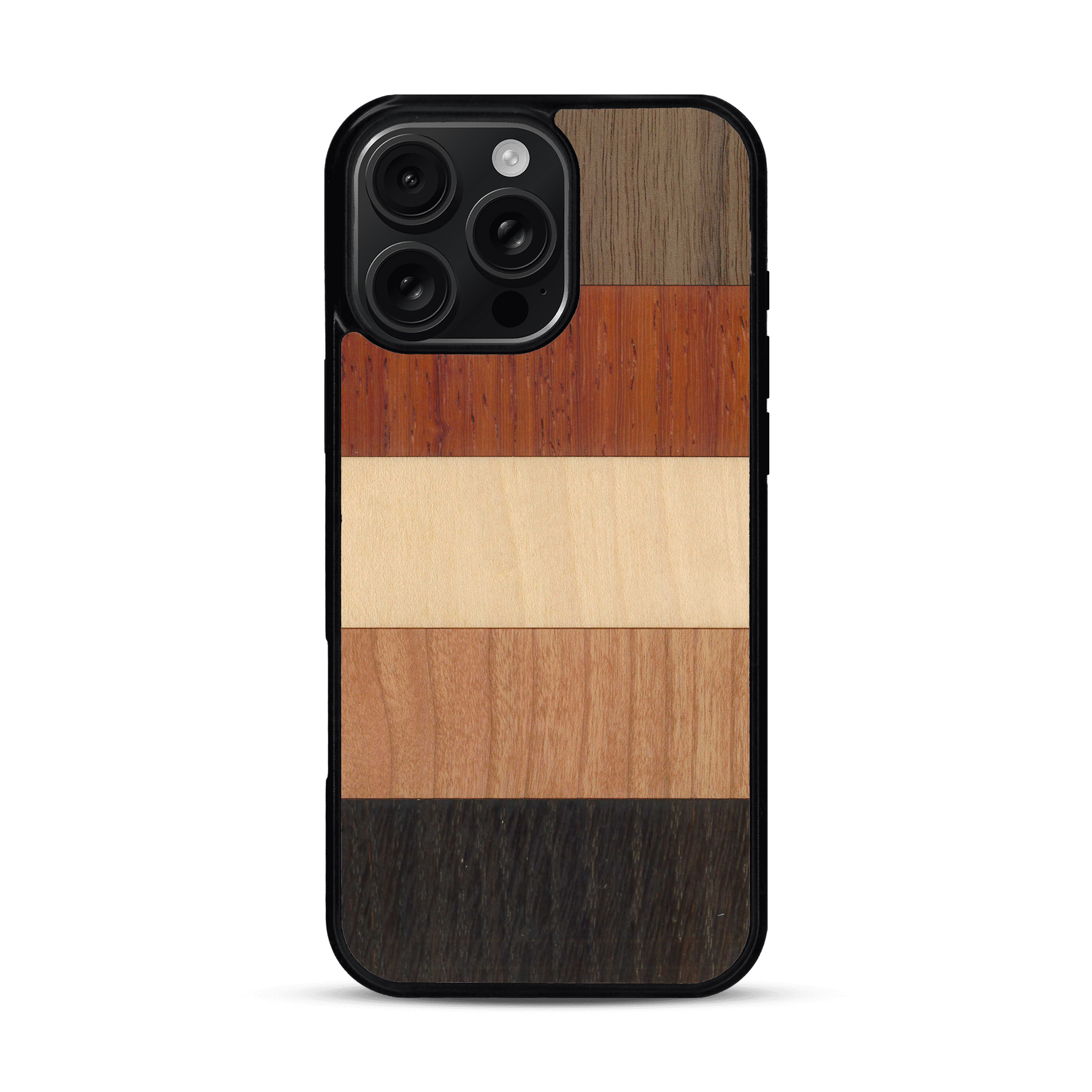 Coque de protection en bois véritable fabriquée en France pour  alliant des bandes horizontales de bambou, merisier, padouk, noyer et chêne fumé