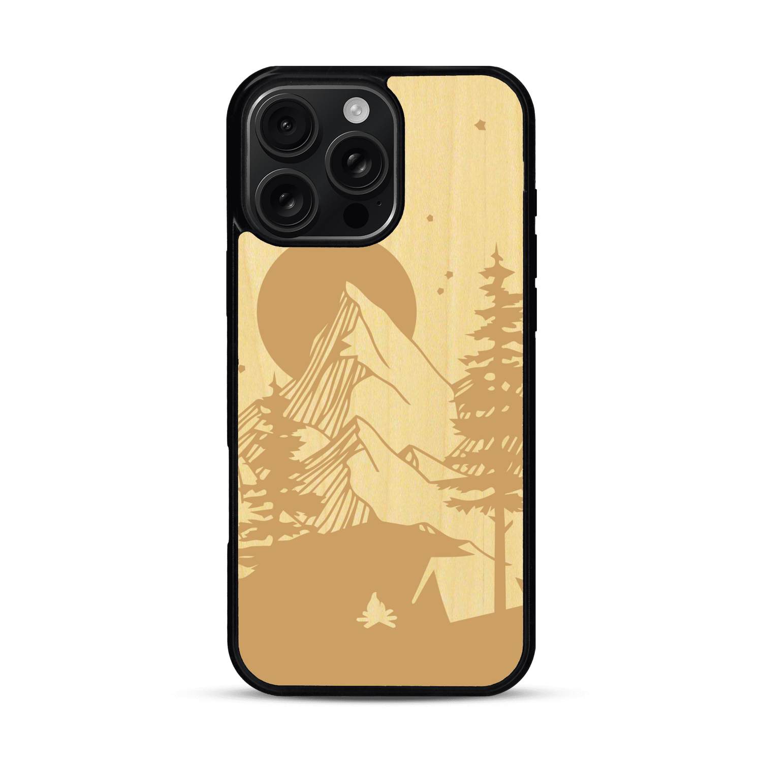 Coque de protection en bois véritable fabriquée en France pour  sur le thème du camping en pleine nature représentant une tente avec un feu de camp entouré de montagnes