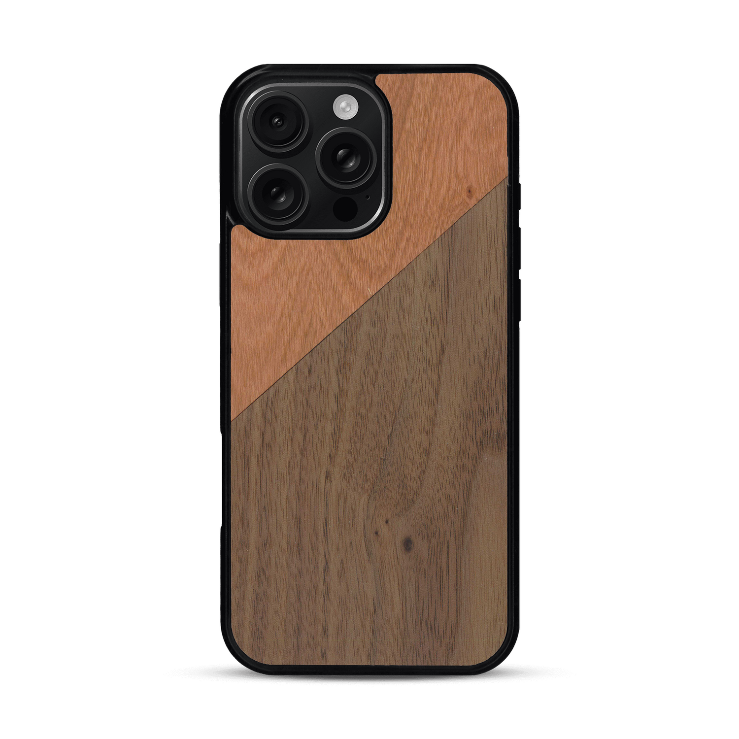 Coque de protection en bois véritable fabriquée en France pour  alliant du merisier et du noyer formant chacun un triangle avec une jointure en diagonale sur le thème de l'art abstrait