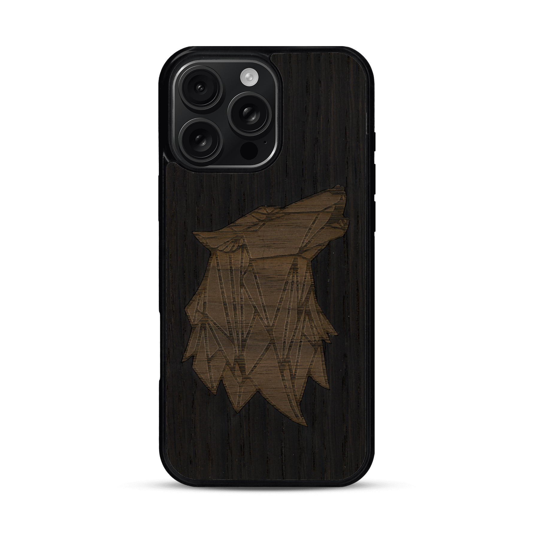 Coque de protection en bois véritable fabriquée en France pour  alliant du chêne fumé et du noyer représentant une tête de loup géométrique de profil sur le thème des animaux et de la nature