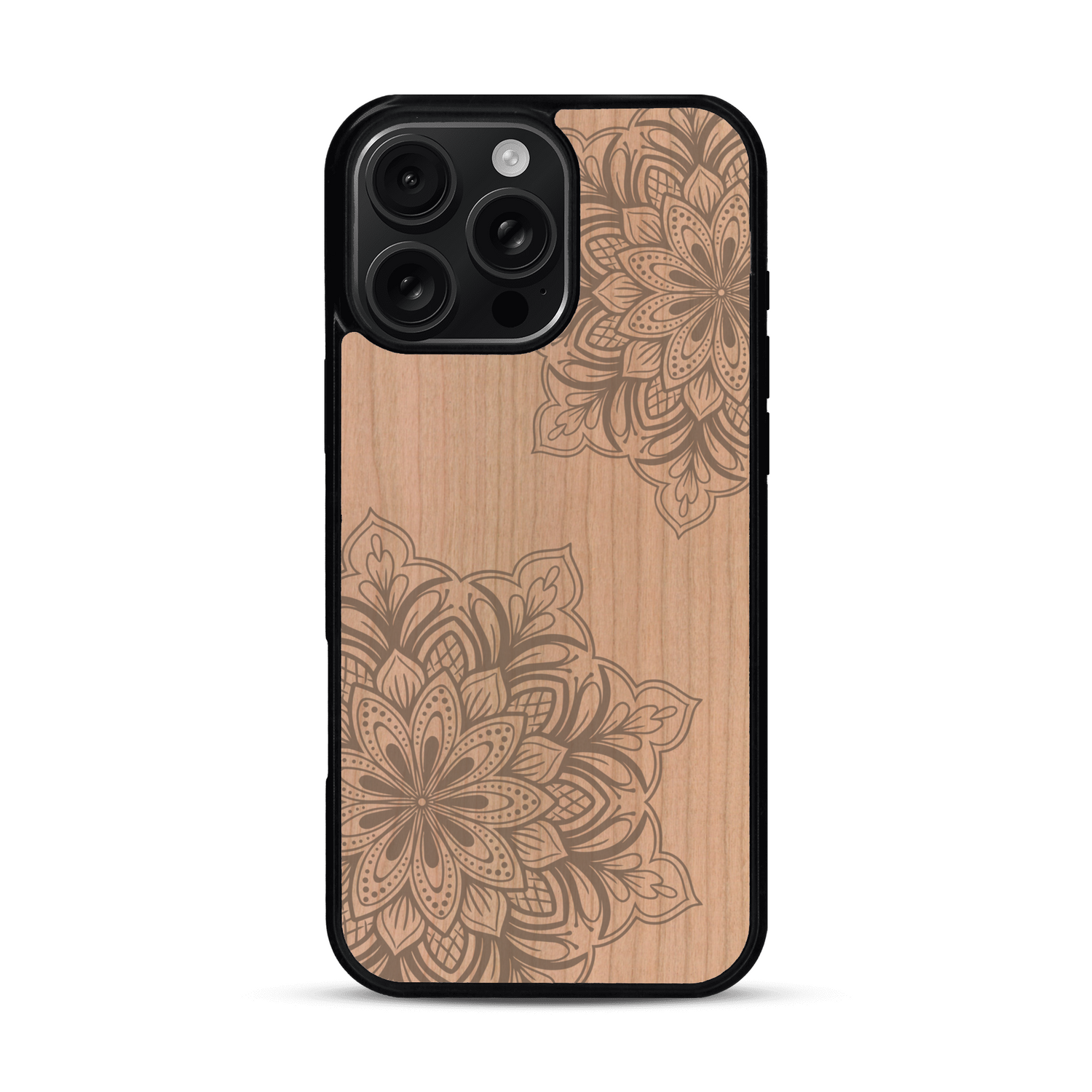 Coque de protection en bois véritable fabriquée en France pour  sur le thème de la bohème et du tatouage au henné avec une gravure représentant un mandala