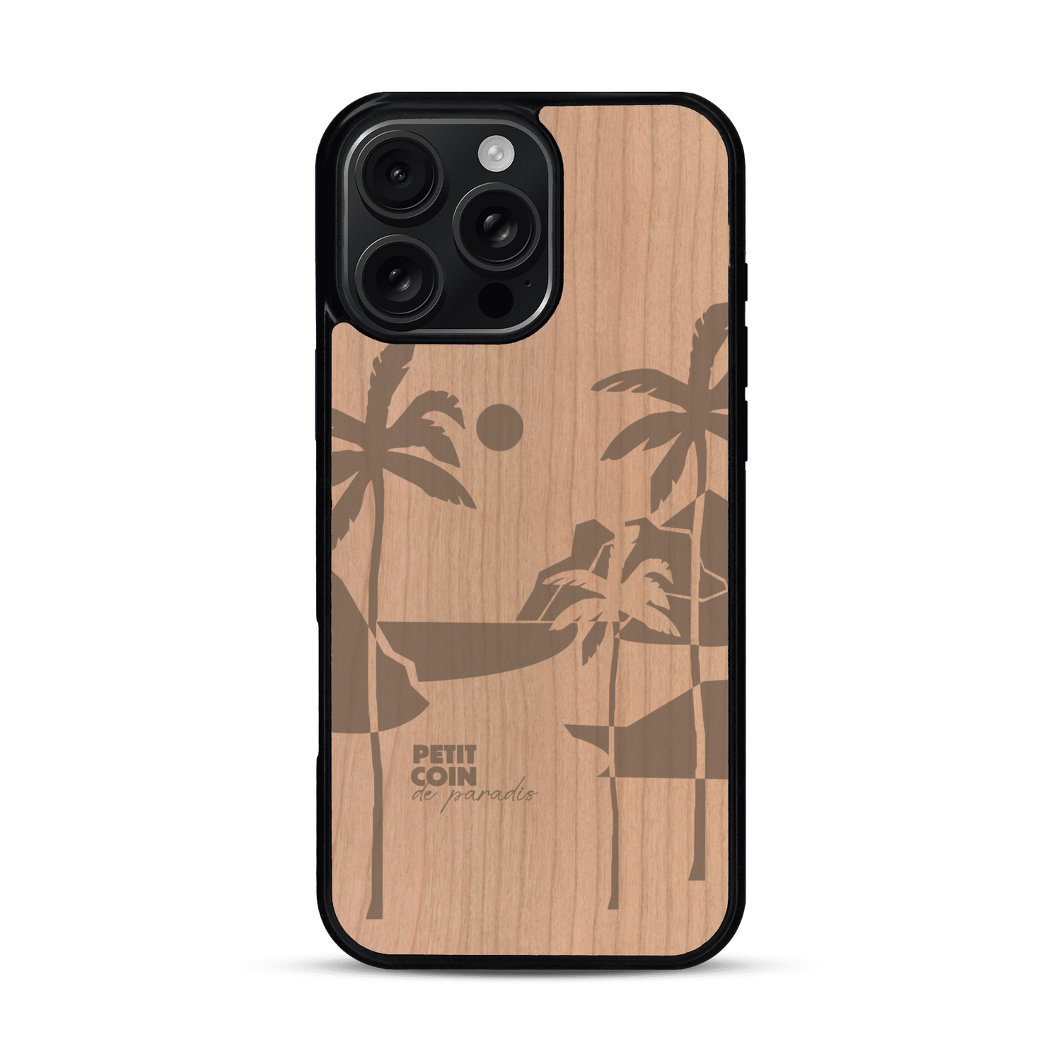 Coque de protection en bois véritable fabriquée en France pour  sur le thème des voyages en vans, vanlife et chill avec une gravure représentant un van vw combi devant le soleil couchant sur une plage avec des vagues