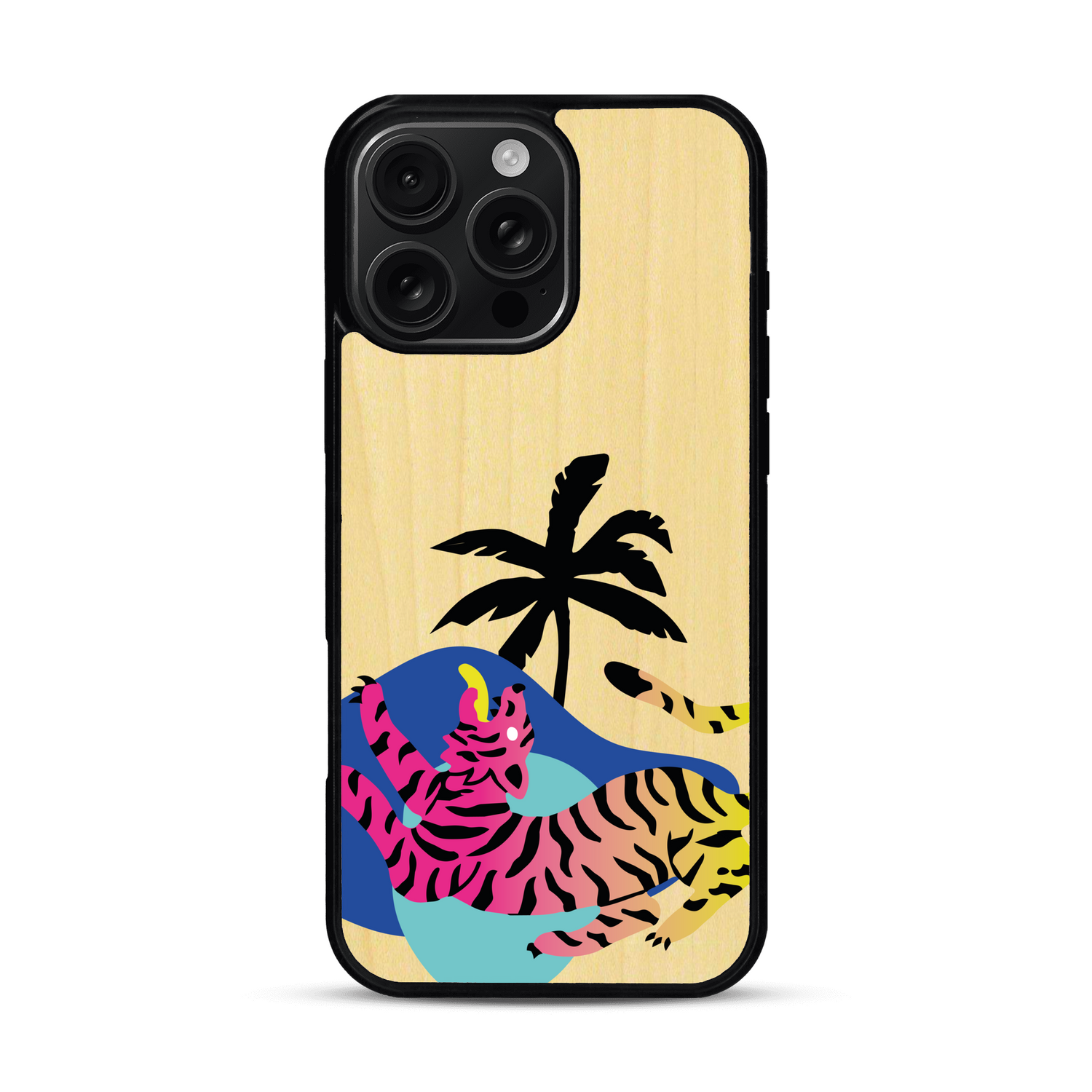 Coque de protection en bois véritable fabriquée en France pour iPhone 16 Pro Max représentant un tigre coloré avec un design moderne et minimaliste sur le thème de la jungle et de la nature