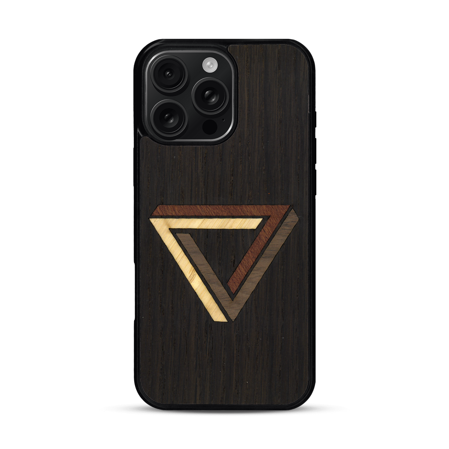 Coque de protection en bois véritable fabriquée en France pour  sur le thème de l'art géométrique qui allie du chêne fumé, du noyer, du bambou et du padouk représentant le triangle de penrose