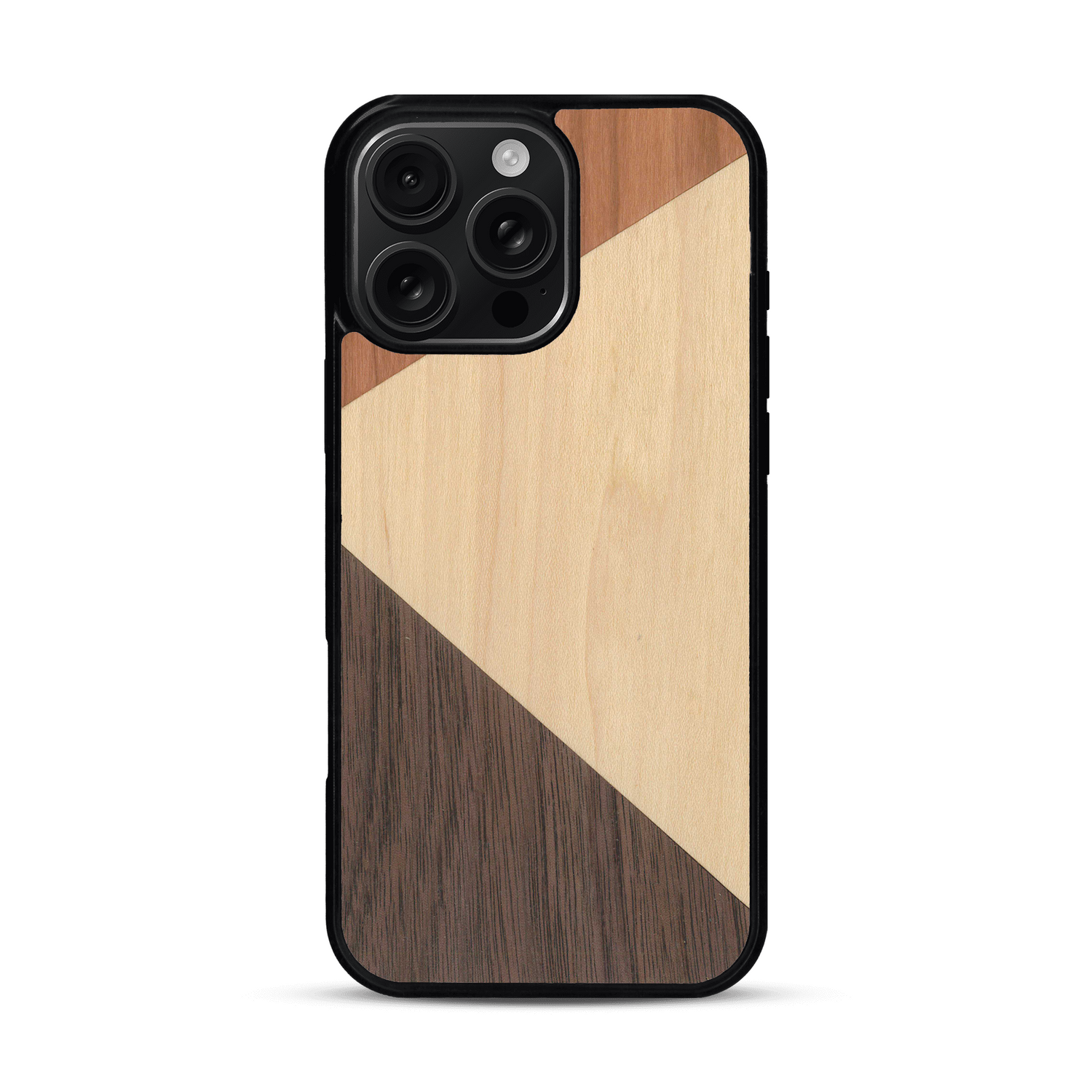 Coque de protection en bois véritable fabriquée en France pour  alliant du merisier, du noyer et du bambou formant chacun deux triangles et un trapèze avec deux jointures en diagonale sur le thème de l'art abstrait