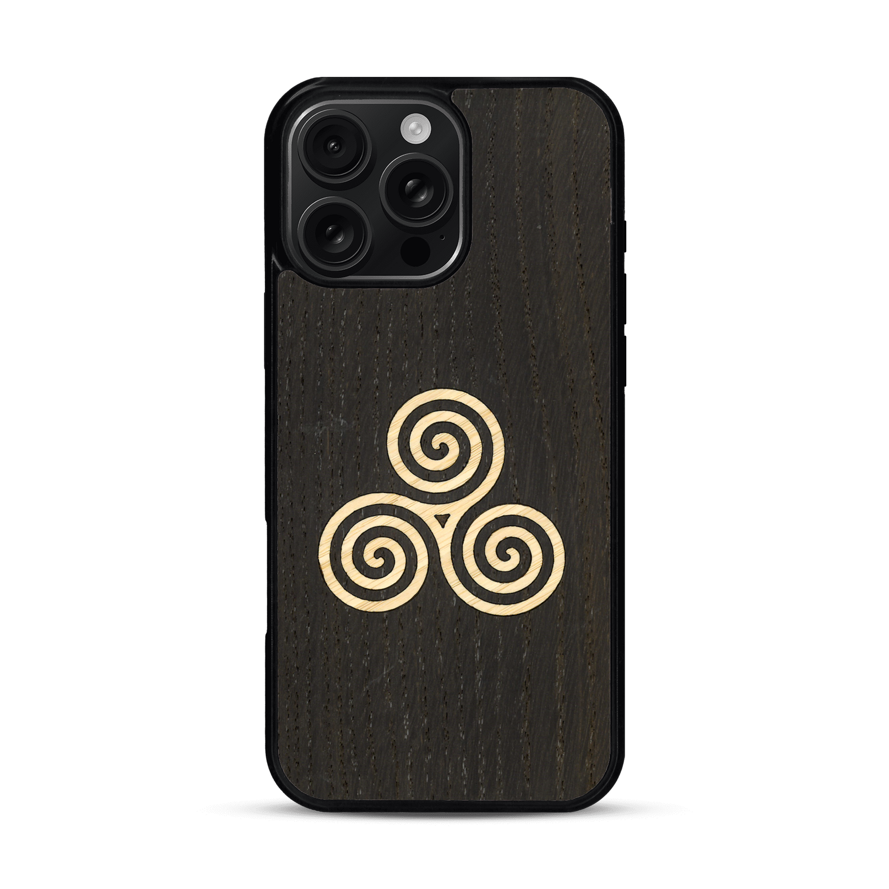 Coque de protection en bois véritable fabriquée en France pour  alliant du chêne fumé et du bambou et doré représentant un triskell
