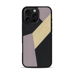 Coque de protection en bois véritable fabriquée en France pour  alliant du bambou, du tulipier mauve et noir en forme de mosaïque minimaliste sur le thème de l'art abstrait