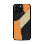 Coque de protection en bois véritable fabriquée en France pour  alliant du bambou, du tulipier orange et noir en forme de mosaïque minimaliste sur le thème de l'art abstrait