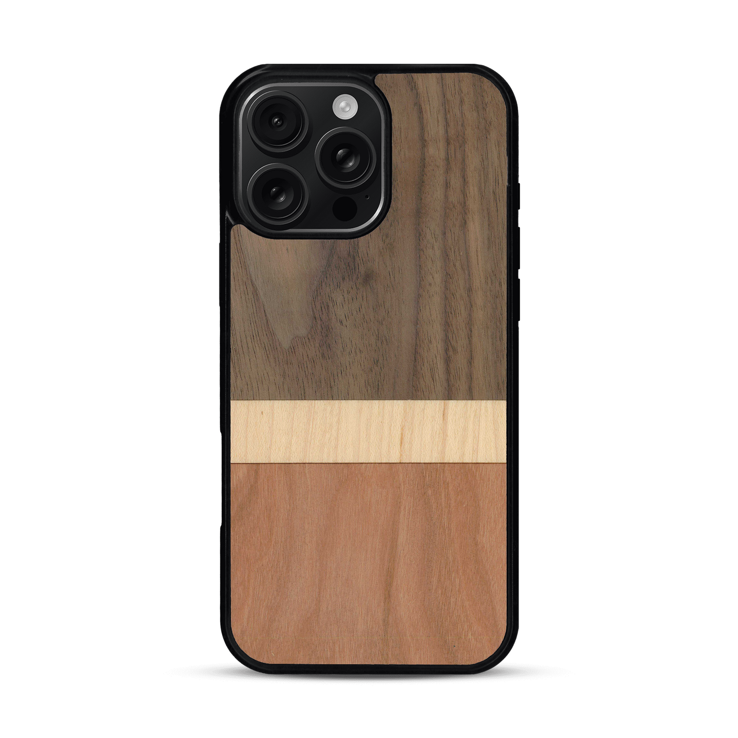 Coque de protection en bois véritable fabriquée en France pour  alliant des bandes horizontales de bambou, merisier et noyer