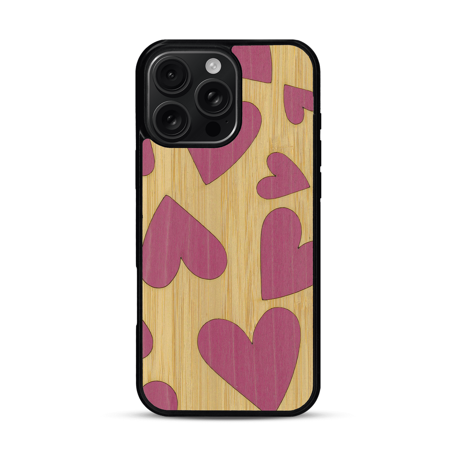 Coque de protection en bois véritable fabriquée en France pour  alliant plusieurs essences de bois pour représenter des coeurs pour les amoureux