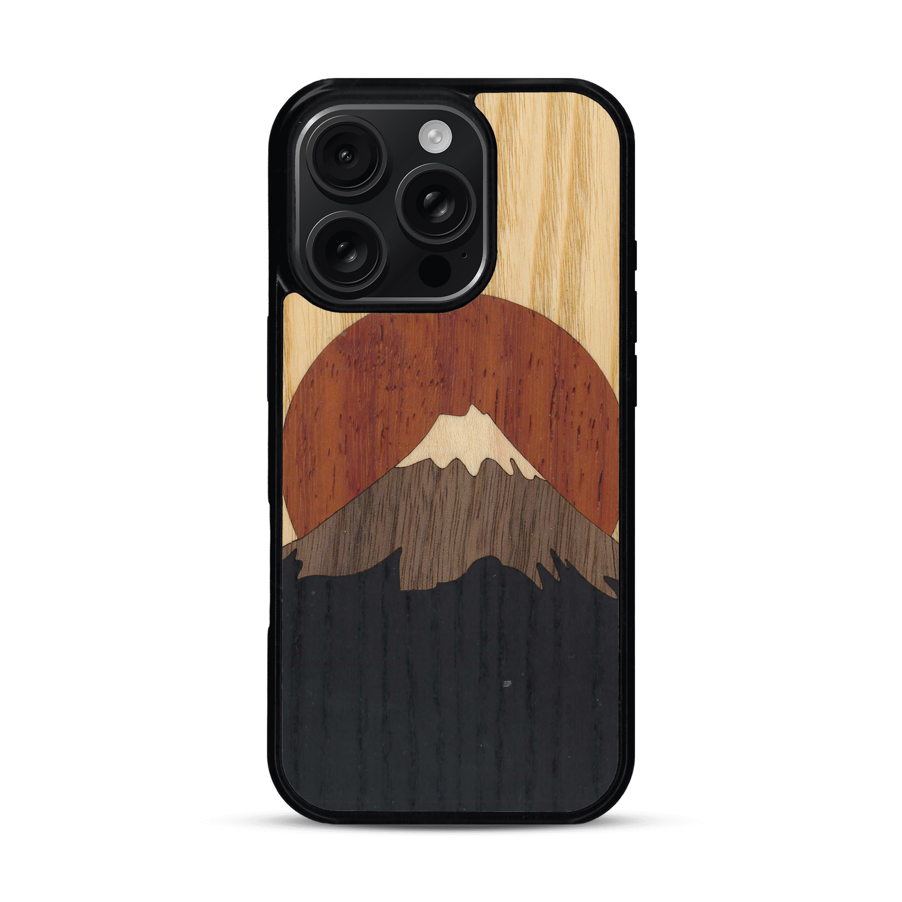 Coque de protection en bois véritable fabriquée en France pour  alliant plusieurs essences de bois pour représenter le mont Fuji