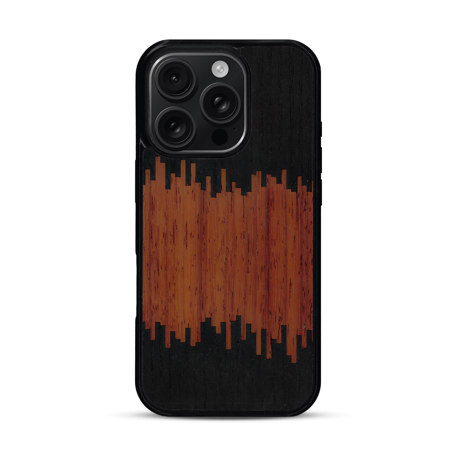 Coque de protection en bois véritable fabriquée en France pour  alliant plusieurs essences de bois pour représenter du magma en fusion