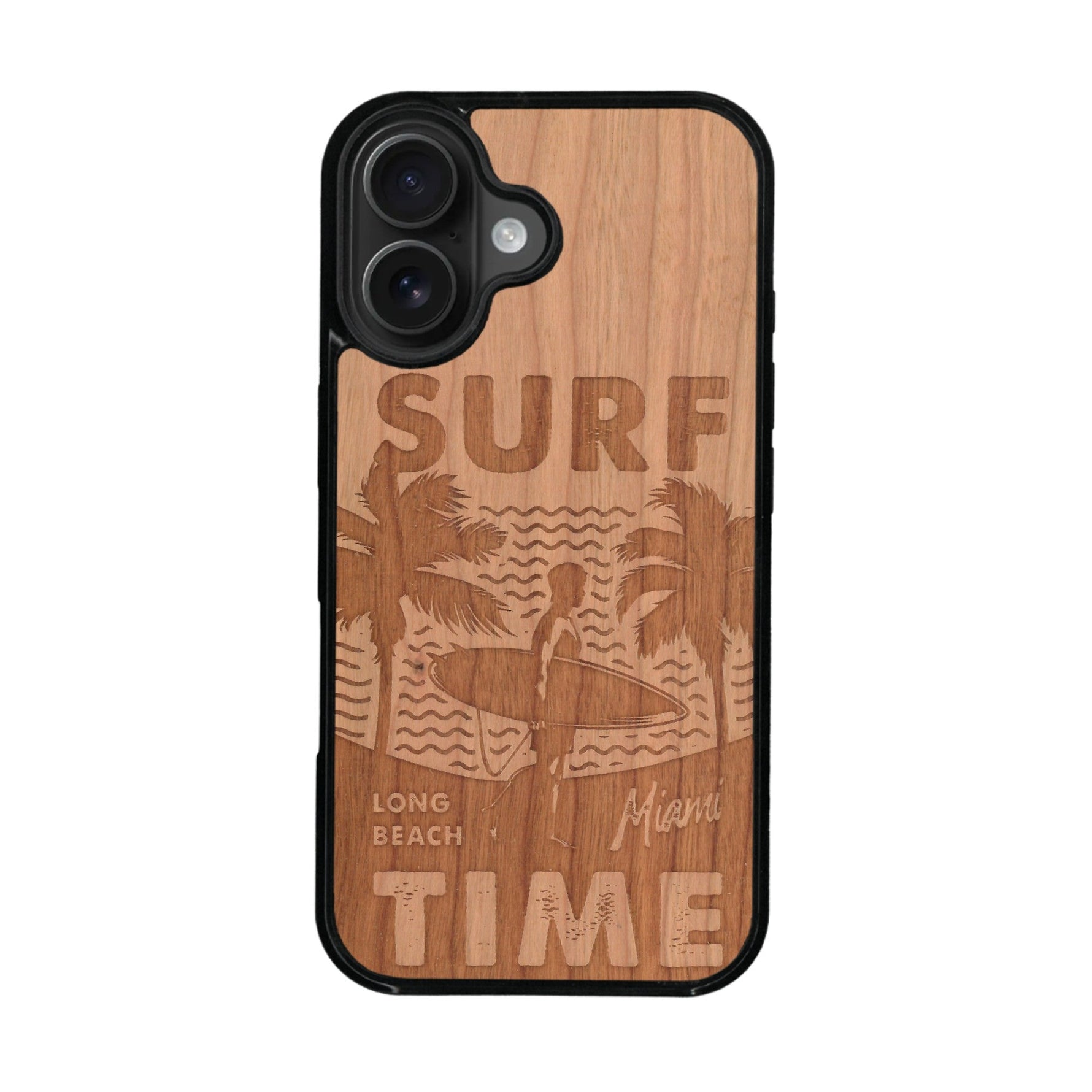 Coque de protection en bois véritable fabriquée en France pour iPhone 16 sur le thème chill avec un motif représentant une silouhette tenant une planche de surf sur une plage entouré de palmiers et les mots "Surf Time Long Beach Miami"