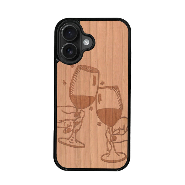 Coque de protection en bois véritable fabriquée en France pour iPhone 16 Plus représentant une vue de face d'une flute de champagne dessinée à la main par l'artiste Maud Dabs