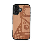 Coque de protection en bois véritable fabriquée en France pour iPhone 16 sur le thème du voyage avec un van combi
