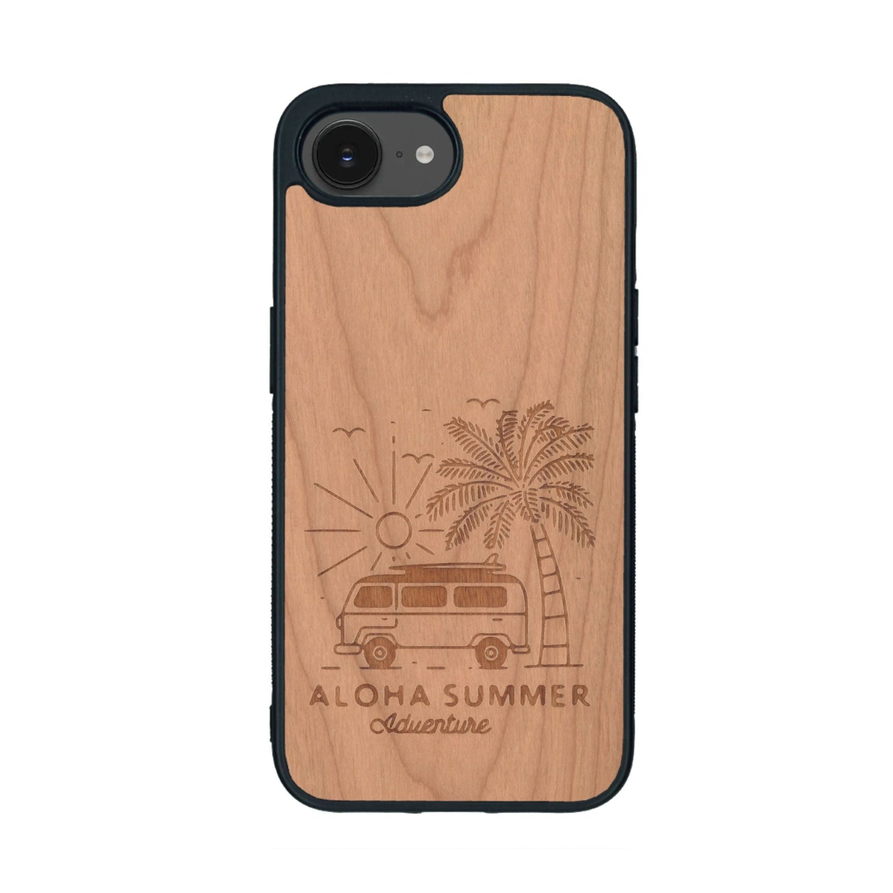 Coque de protection en bois véritable fabriquée en France pour iPhone 16e sur le thème de la plage, de l'été et vanlife.