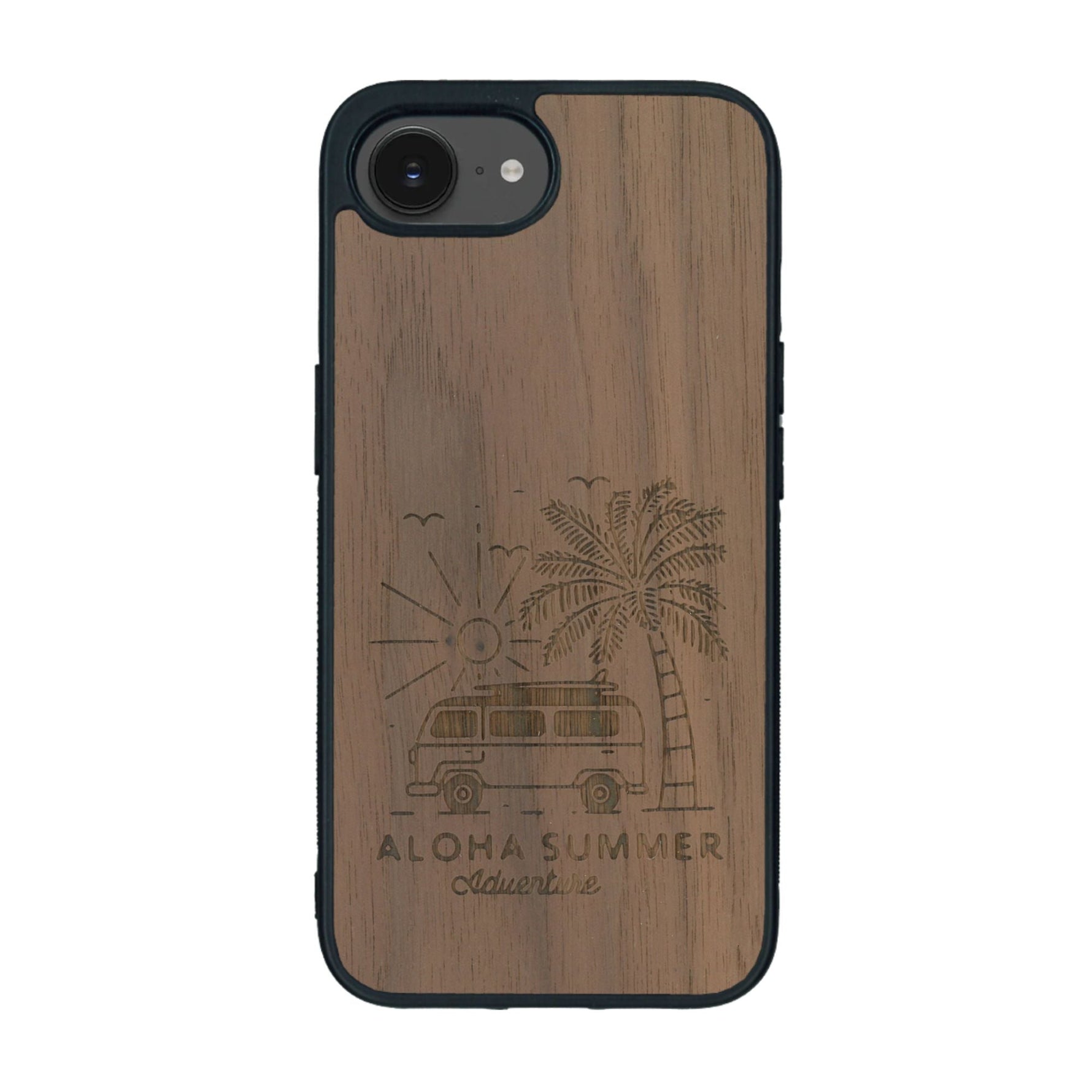Coque de protection en bois véritable fabriquée en France pour iPhone 16e sur le thème de la plage, de l'été et vanlife.