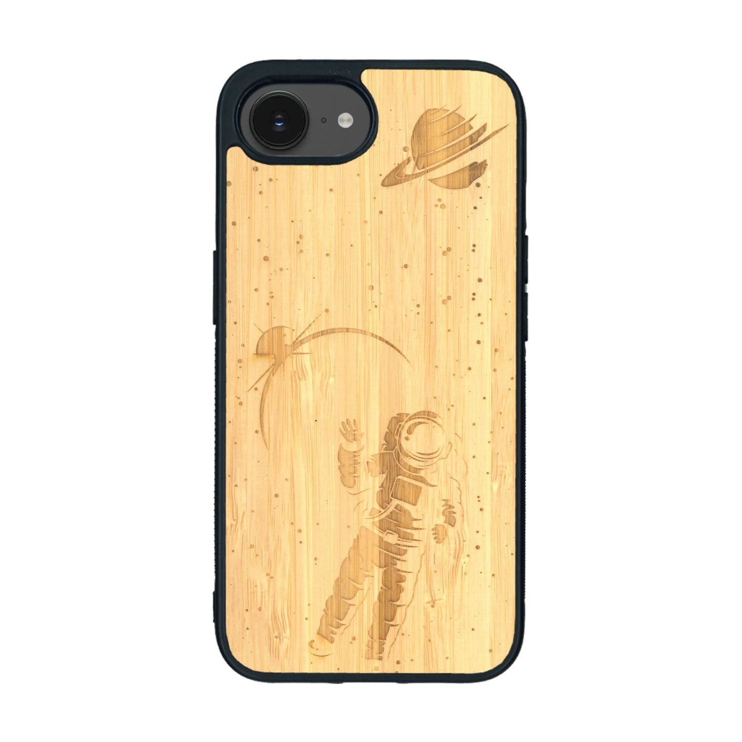 Coque de protection en bois véritable fabriquée en France pour iPhone 16e sur le thème des astronautes