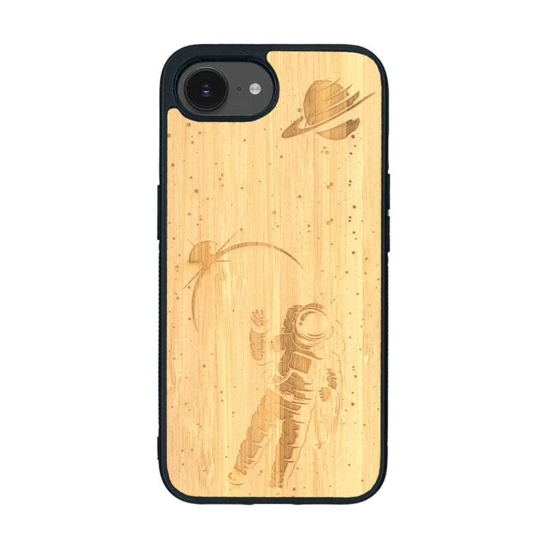 Coque de protection en bois véritable fabriquée en France pour iPhone 16e sur le thème des astronautes
