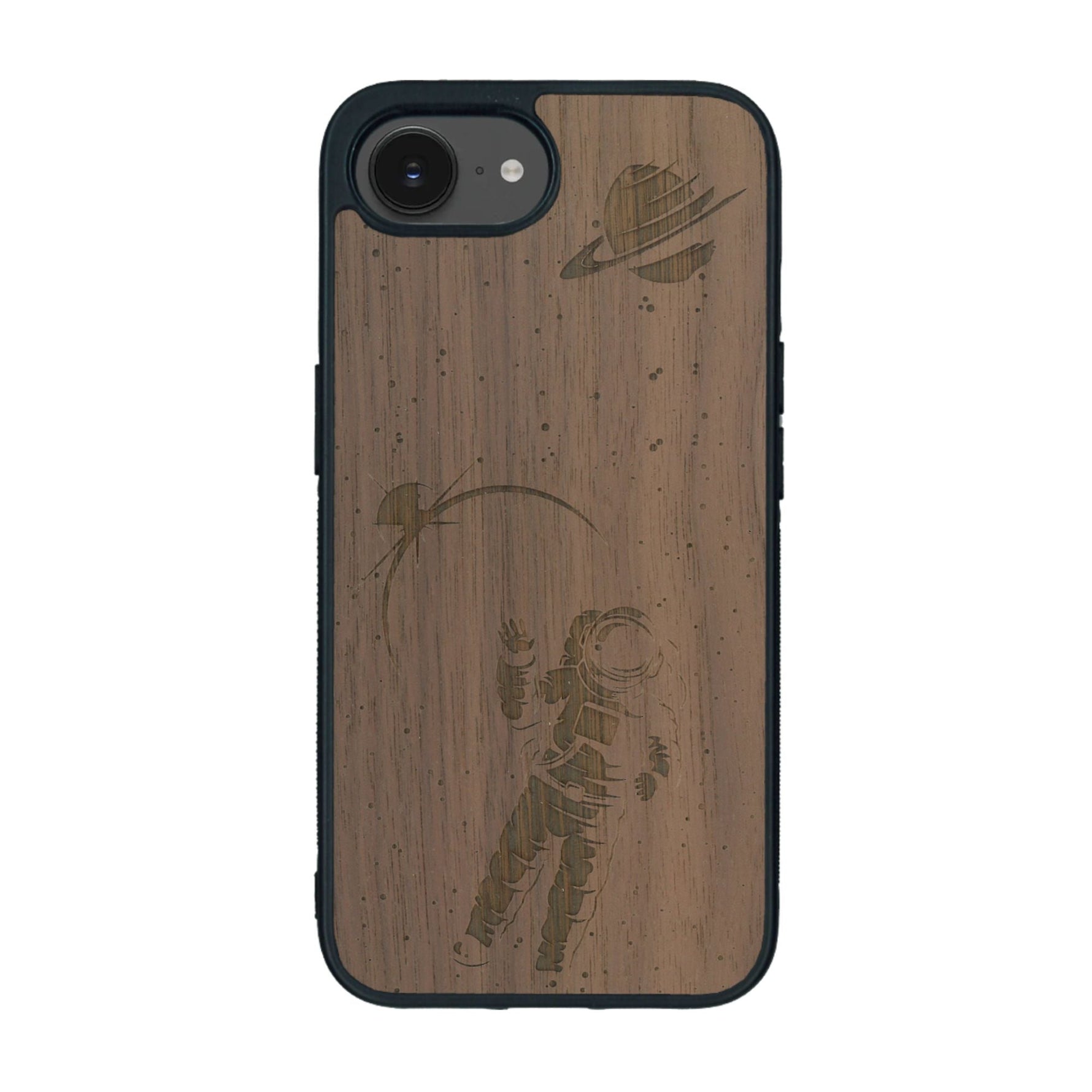 Coque de protection en bois véritable fabriquée en France pour iPhone 16e sur le thème des astronautes