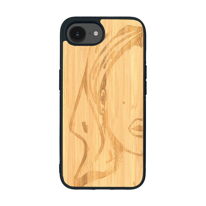 Coque de protection en bois véritable fabriquée en France pour iPhone 16e représentant une silhouette féminine épurée de type line art en collaboration avec l'artiste Maud Dabs