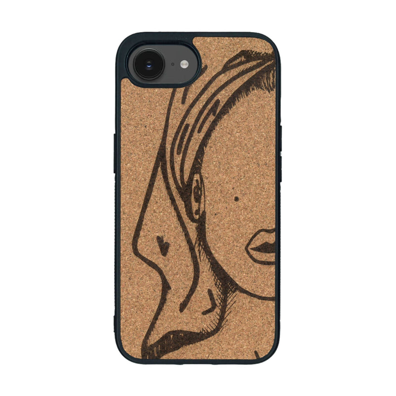Coque de protection en bois véritable fabriquée en France pour iPhone 16e représentant une silhouette féminine épurée de type line art en collaboration avec l'artiste Maud Dabs